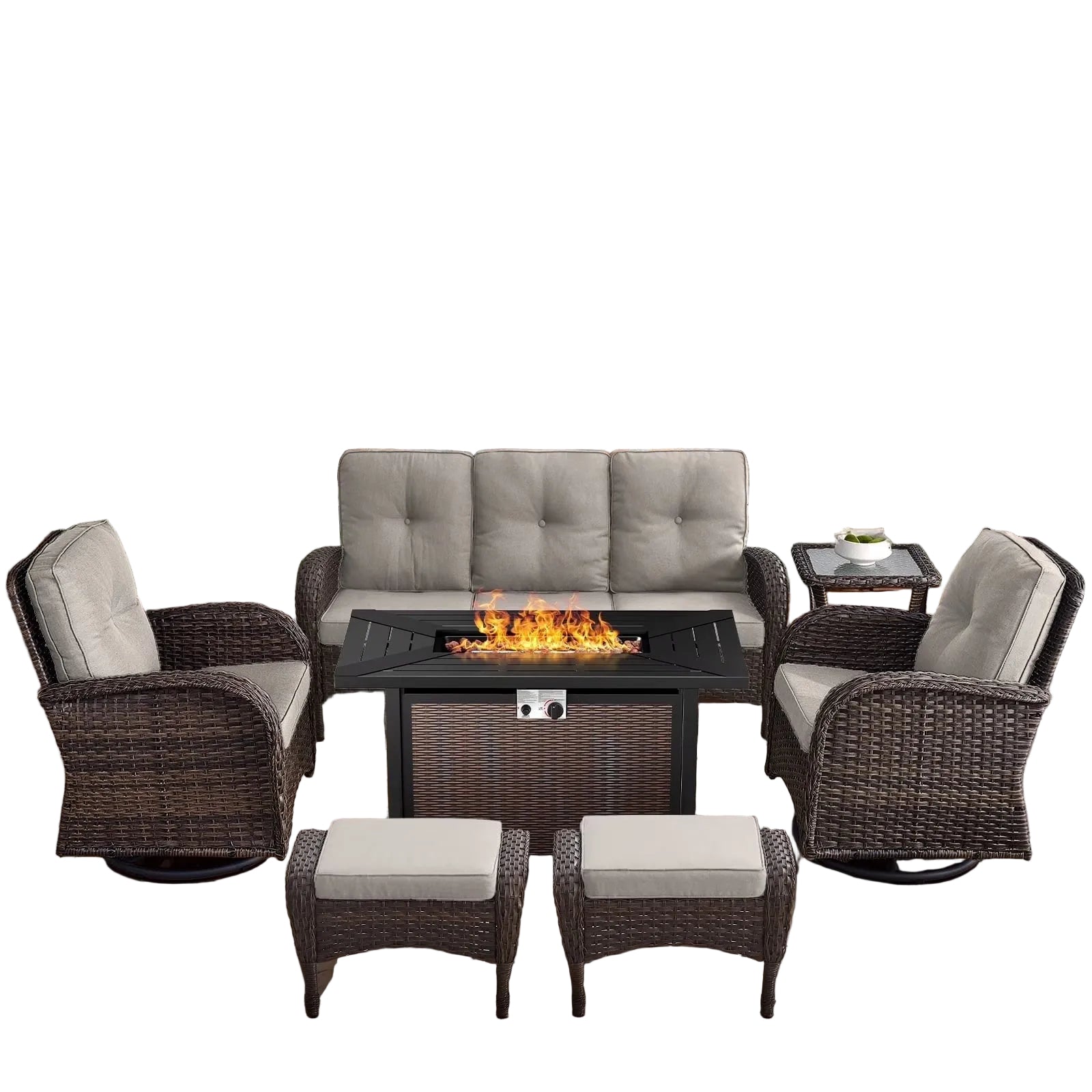 7 Piece Outdoor Patio Furniture Set, Patio Furniture Set with Fire Pit Table Rattan Wicker Patio Furniture Set, Brown Wicker & Beige Cushion
