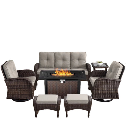 7 Piece Outdoor Patio Furniture Set, Patio Furniture Set with Fire Pit Table Rattan Wicker Patio Furniture Set, Brown Wicker & Beige Cushion