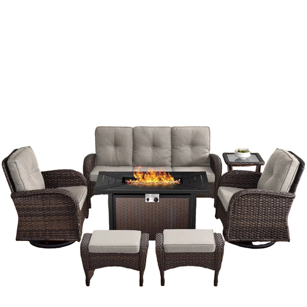 7 Piece Outdoor Patio Furniture Set, Patio Furniture Set with Fire Pit Table Rattan Wicker Patio Furniture Set, Brown Wicker & Beige Cushion